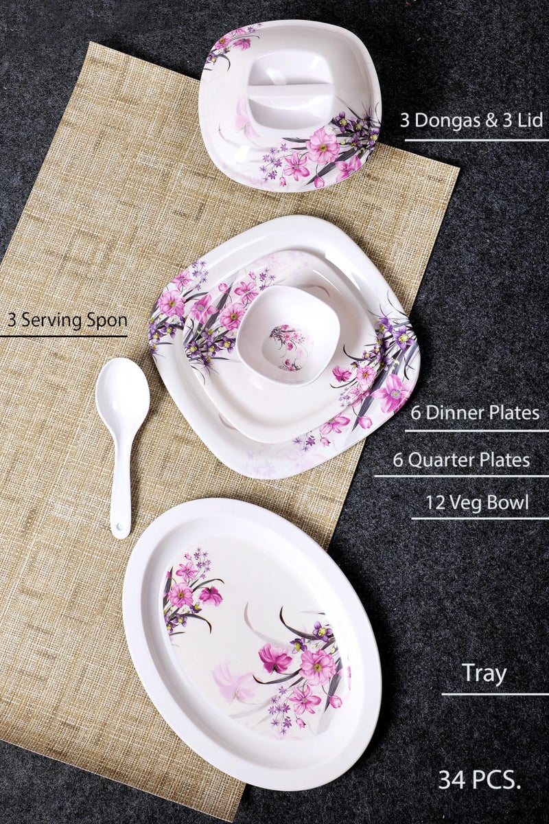 Home Pro هوم-برو - مجموعة عشاء مكونة من 34 قطعة من الميلامين، مقاومة للبقع، بتصميم جميل من الزهور الوردية والبنفسجية في شكل دائري حصري لمطبخ منزلك والهدايا - Image 2