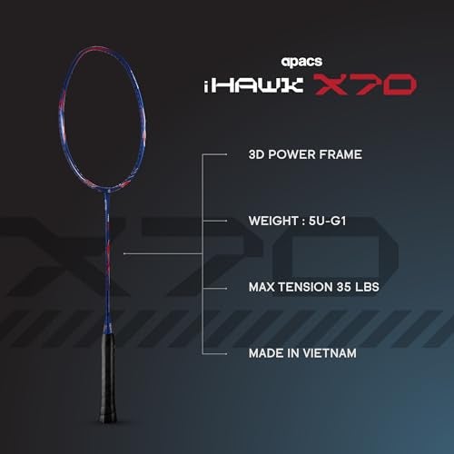 Apacs iHawk X70 (Unstrung) Full Graphite Ultra Strong Carbon Fibre (75-79g) | 35 LBS Max Tension | 3D Power Frame | Made in Vietnam Badminton Racket with Full Cover (Navy) (All Rounder) - Image 2