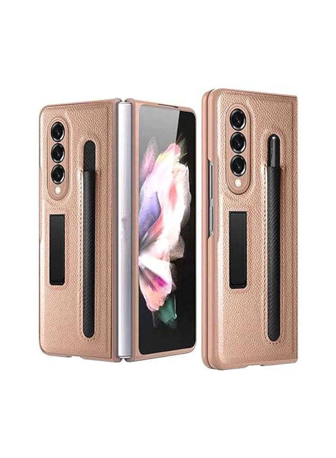 حافظة جلدية فاخرة بنمط ليتشي لهاتف سامسونج جالاكسي زد فولد 4 مع حافظة لهاتف سامسونج جالاكسي زد فولد 4 ، ذهبي ، لهاتف سامسونج زد فولد 4 - Image 1