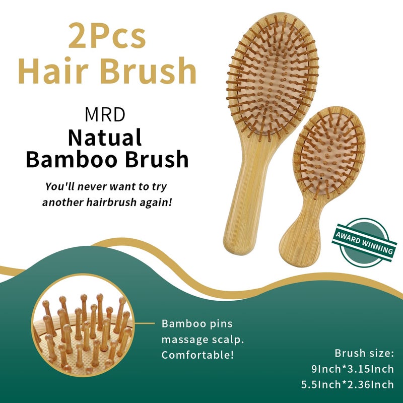 MRD 2Pcs Hair Brush, Natural Bamboo Hair brushes Set With Paddle Detangling Wooden Hairbrush and Mini Travel Size Brush, Massage Scalp Thick/Thin/Curly/Dry Hair For Women Men and Kids by MRD - Image 2