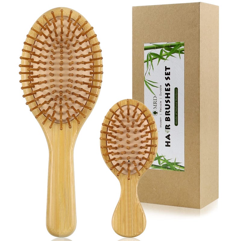 MRD 2Pcs Hair Brush, Natural Bamboo Hair brushes Set With Paddle Detangling Wooden Hairbrush and Mini Travel Size Brush, Massage Scalp Thick/Thin/Curly/Dry Hair For Women Men and Kids by MRD - Image 1