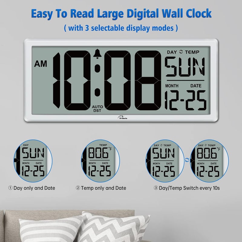 WallarGe 14.5'' Large Digital Wall Clock Battery Operated with Jumbo Numbers, Temperature and Date - Easy to Read and Set, Auto DST - Image 2