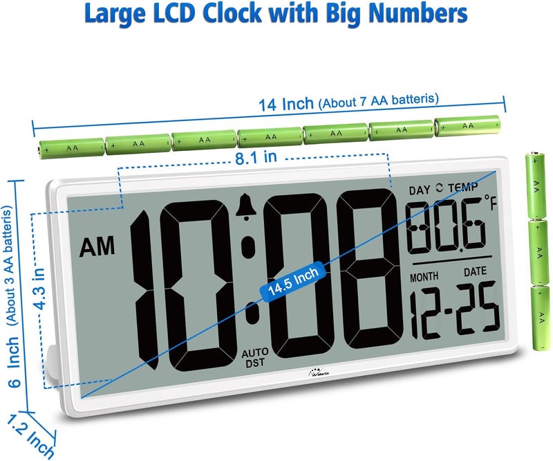 WallarGe 14.5'' Large Digital Wall Clock Battery Operated with Jumbo Numbers, Temperature and Date - Easy to Read and Set, Auto DST - Image 5