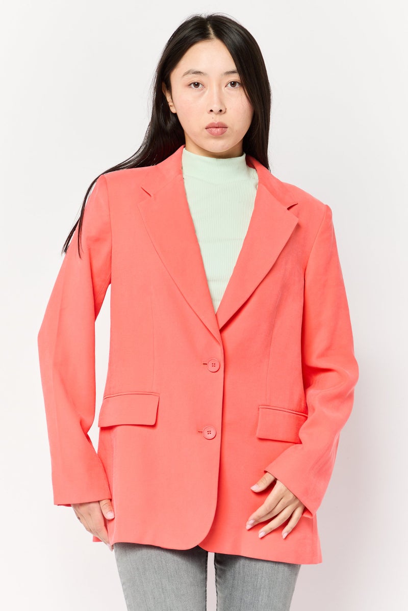 DKNY Women Regular Fit Solid Semi-Formal Blazer, Coral - Image 1