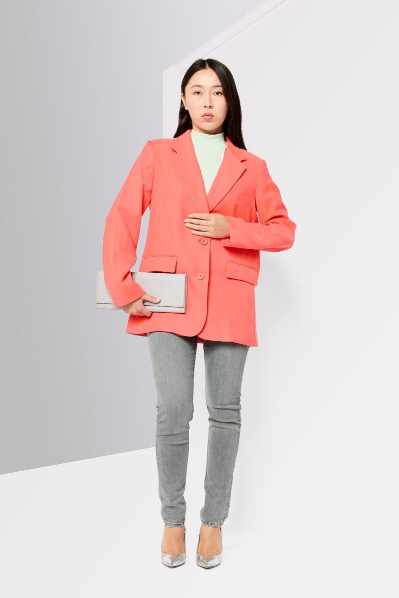 DKNY Women Regular Fit Solid Semi-Formal Blazer, Coral - Image 2