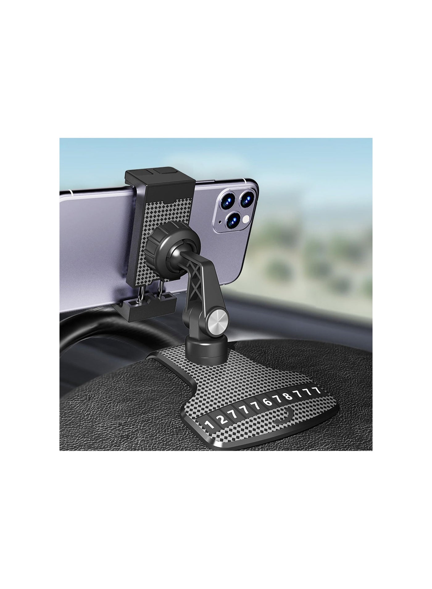 Car Phone Holder, Dashboard Cellphone Mount, 360° Rotation Car Phone Cradle, One Hand Operation Clip Design Phone Car Mount for 3-6.9 inch Smartphones, with Temporary Parking Calling Number Plate