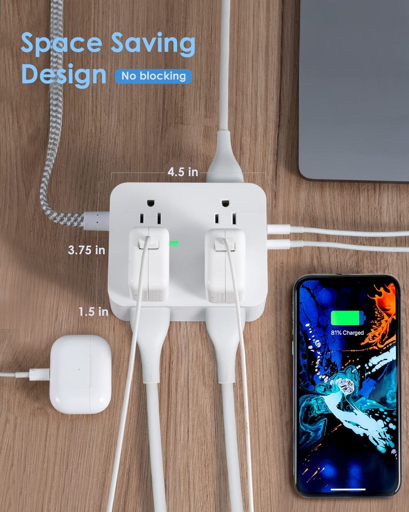 HANYCONY 6Ft Surge Protector Power Strip with USB C, HANYCONY Extension Cord with 8 Outlets(2.2 IN) 4 USB Ports(2 USB C), Flat Plug, Wall Mount, 3 Side Outlet Extender for Home Dorm Room Essentials, ETL Listed - Image 3