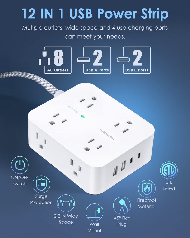 HANYCONY 6Ft Surge Protector Power Strip with USB C, HANYCONY Extension Cord with 8 Outlets(2.2 IN) 4 USB Ports(2 USB C), Flat Plug, Wall Mount, 3 Side Outlet Extender for Home Dorm Room Essentials, ETL Listed - Image 2