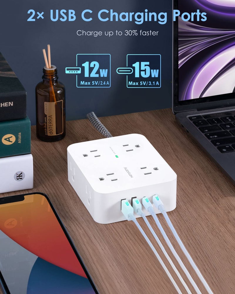 HANYCONY 6Ft Surge Protector Power Strip with USB C, HANYCONY Extension Cord with 8 Outlets(2.2 IN) 4 USB Ports(2 USB C), Flat Plug, Wall Mount, 3 Side Outlet Extender for Home Dorm Room Essentials, ETL Listed - Image 4
