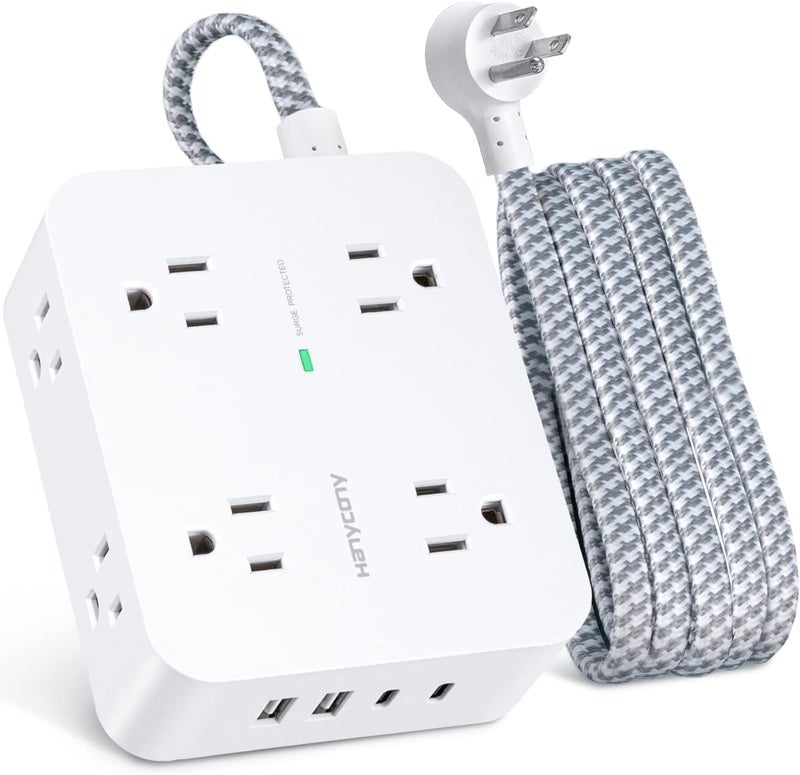 HANYCONY 6Ft Surge Protector Power Strip with USB C, HANYCONY Extension Cord with 8 Outlets(2.2 IN) 4 USB Ports(2 USB C), Flat Plug, Wall Mount, 3 Side Outlet Extender for Home Dorm Room Essentials, ETL Listed - Image 1