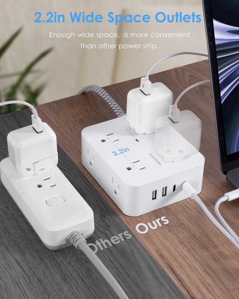 HANYCONY 6Ft Surge Protector Power Strip with USB C, HANYCONY Extension Cord with 8 Outlets(2.2 IN) 4 USB Ports(2 USB C), Flat Plug, Wall Mount, 3 Side Outlet Extender for Home Dorm Room Essentials, ETL Listed - Image 5
