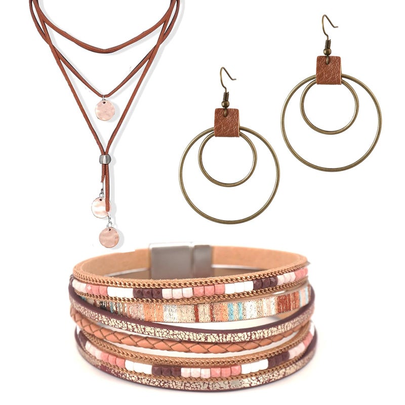 JDRGJTH 3PCS Western Jewelry for Women - Bohemian Layered Leather Necklace Dangle Drop Earrings Faux Leather Bracelet, Boho Cowgirl Accessories for Rodeo & Party - Image 1