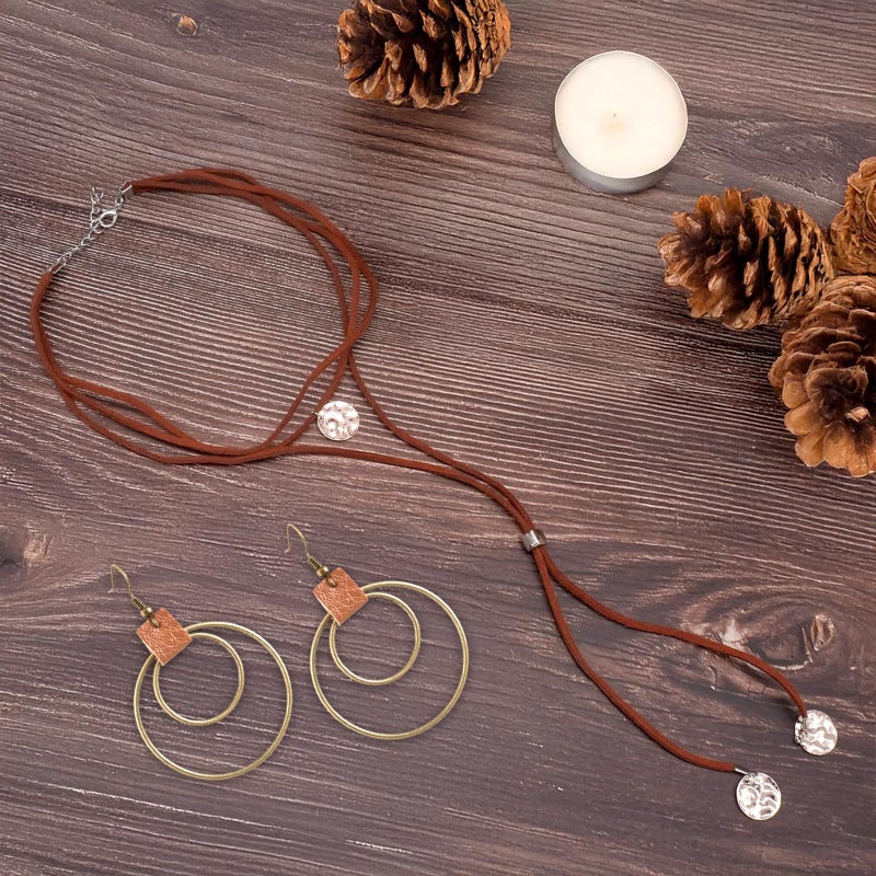 JDRGJTH 3PCS Western Jewelry for Women - Bohemian Layered Leather Necklace Dangle Drop Earrings Faux Leather Bracelet, Boho Cowgirl Accessories for Rodeo & Party - Image 3