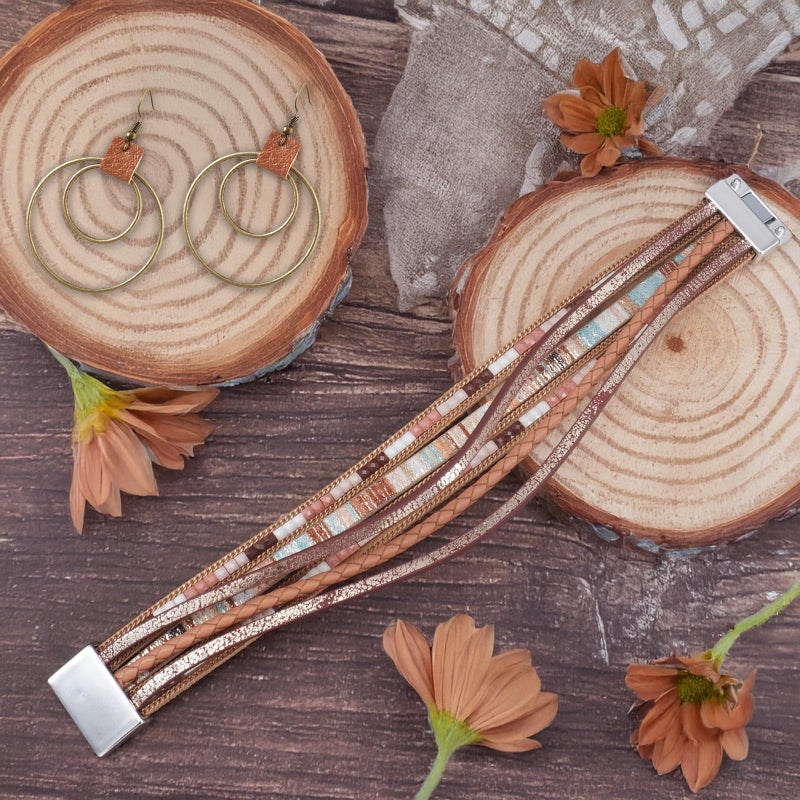 JDRGJTH 3PCS Western Jewelry for Women - Bohemian Layered Leather Necklace Dangle Drop Earrings Faux Leather Bracelet, Boho Cowgirl Accessories for Rodeo & Party - Image 5