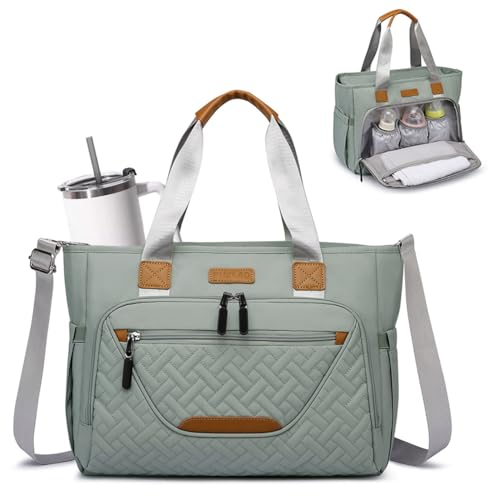 FHELAD Diaper Bag Tote, Large Tote Diaper Bag with 16" Laptop Compartment, Baby Bag with Insulated Pocket for Mam and Dad, Ideal for Travel, Work (Morandi Grey) - Image 1