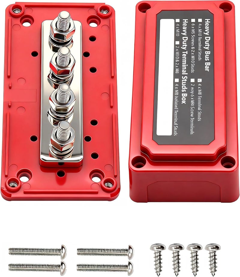 jamgoer 300A Bus Bar Heavy Duty Module Design Power Distribution Block 12V 24V 48V DC Busbar Box with 4X M8(5/16") Terminal Studs for Battery Marine Automotive RV Car Truck (Red) - Image 1