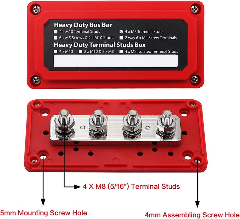 jamgoer 300A Bus Bar Heavy Duty Module Design Power Distribution Block 12V 24V 48V DC Busbar Box with 4X M8(5/16") Terminal Studs for Battery Marine Automotive RV Car Truck (Red) - Image 2