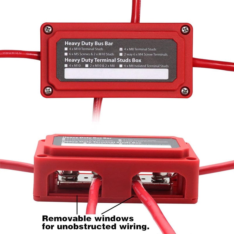 jamgoer 300A Bus Bar Heavy Duty Module Design Power Distribution Block 12V 24V 48V DC Busbar Box with 4X M8(5/16") Terminal Studs for Battery Marine Automotive RV Car Truck (Red) - Image 5