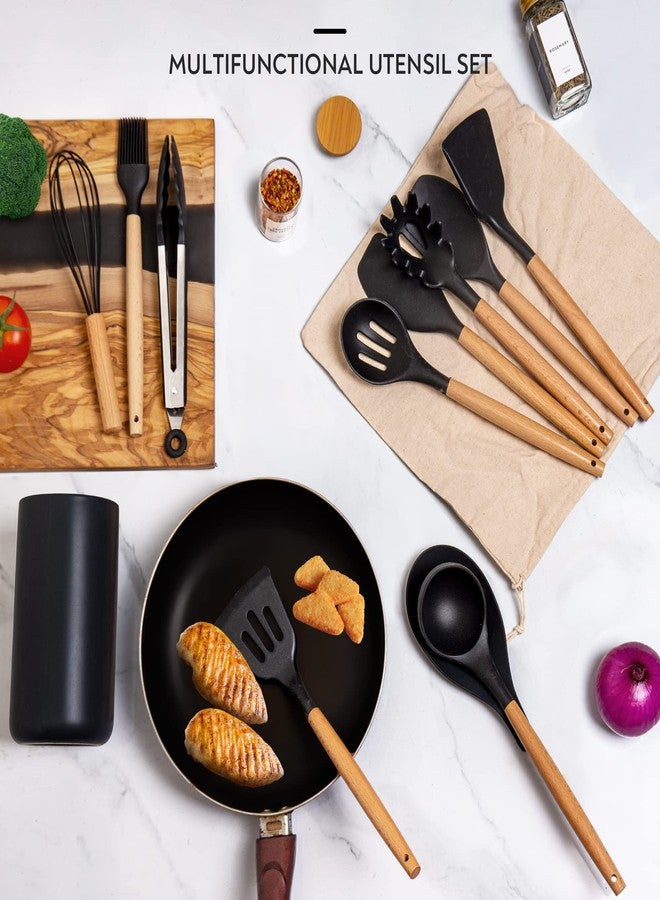 Lanzo Design Kitchen Utensil Set, 13 pcs Non-Stick Silicone Cooking Utensils Spatula Set with Ceramic Holder (Black Holder) - Image 3