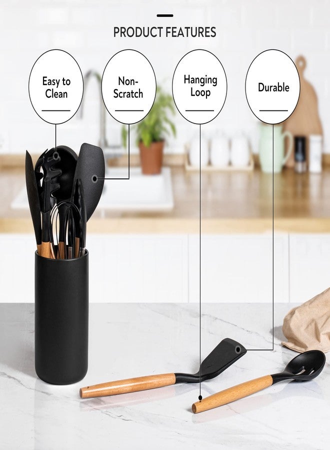 Lanzo Design Kitchen Utensil Set, 13 pcs Non-Stick Silicone Cooking Utensils Spatula Set with Ceramic Holder (Black Holder) - Image 4