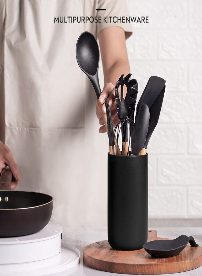 Lanzo Design Kitchen Utensil Set, 13 pcs Non-Stick Silicone Cooking Utensils Spatula Set with Ceramic Holder (Black Holder) - Image 2