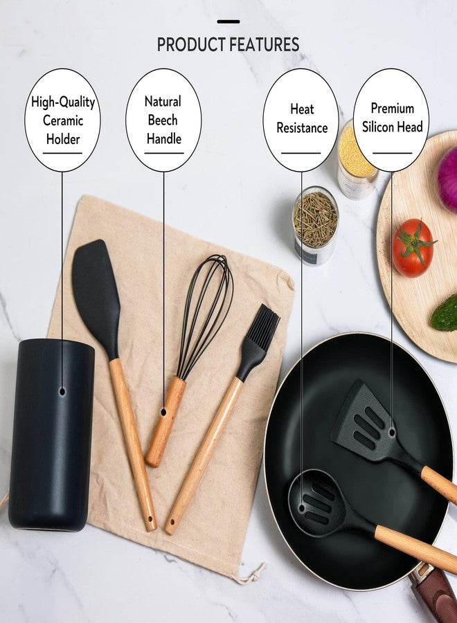 Lanzo Design Kitchen Utensil Set, 13 pcs Non-Stick Silicone Cooking Utensils Spatula Set with Ceramic Holder (Black Holder) - Image 5