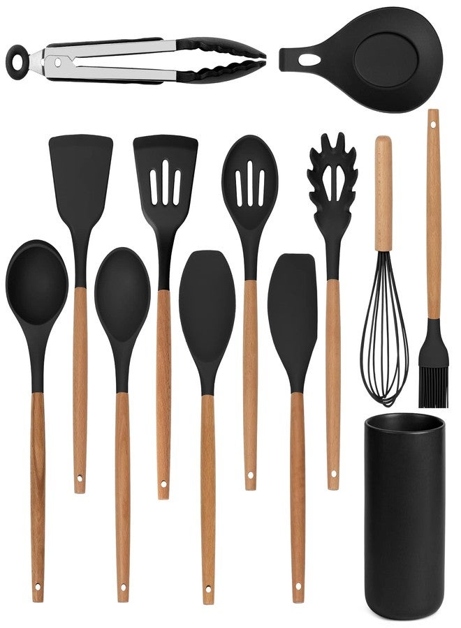 Lanzo Design Kitchen Utensil Set, 13 pcs Non-Stick Silicone Cooking Utensils Spatula Set with Ceramic Holder (Black Holder) - Image 1