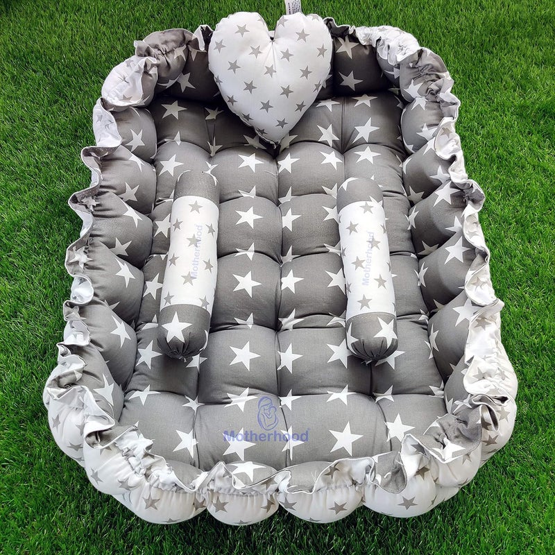 MOTHERHOOD MOTHERHOOD Rectangle Baby Tub Bed and 3 Baby Pillow Luxury Baby Mattress Bed Sleeper Bedding Set coSleeper Safe Cotton Fabric with RFilled UltraSoft Comfortable for Newborn to Toddlers Gray - Image 1