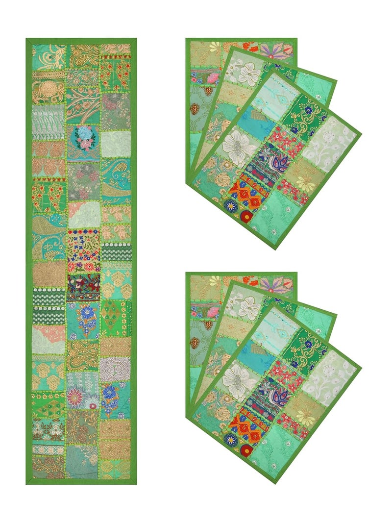 E - Ezra E Ezra Room Decor Cotton Patchwork Dining Table Runner with Mats Centre Table 4 6 Seater Long Runner Handmade 72 Inch Light Green - Image 2