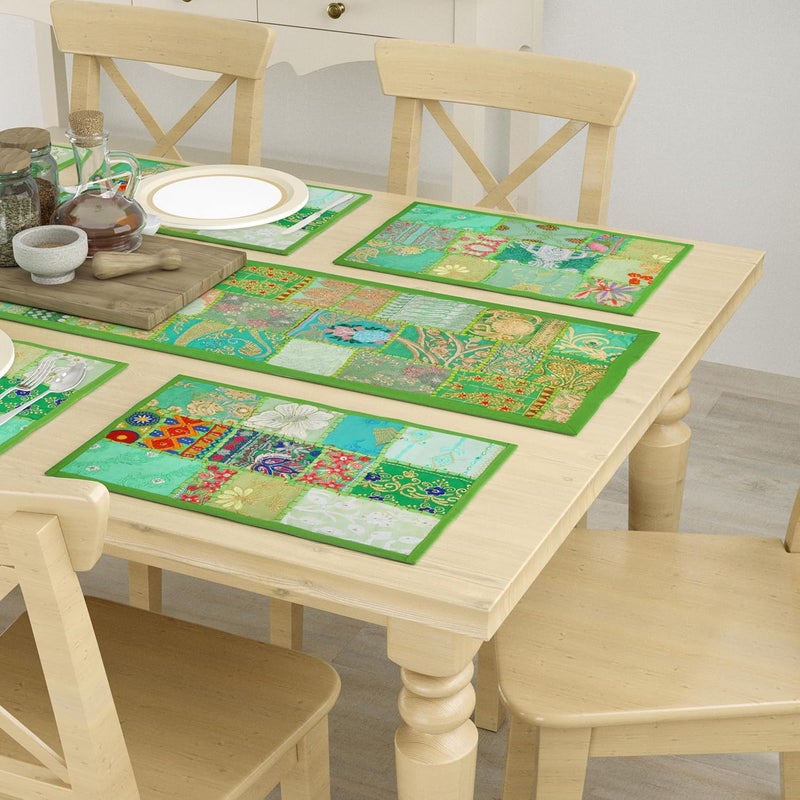 E - Ezra E Ezra Room Decor Cotton Patchwork Dining Table Runner with Mats Centre Table 4 6 Seater Long Runner Handmade 72 Inch Light Green - Image 5