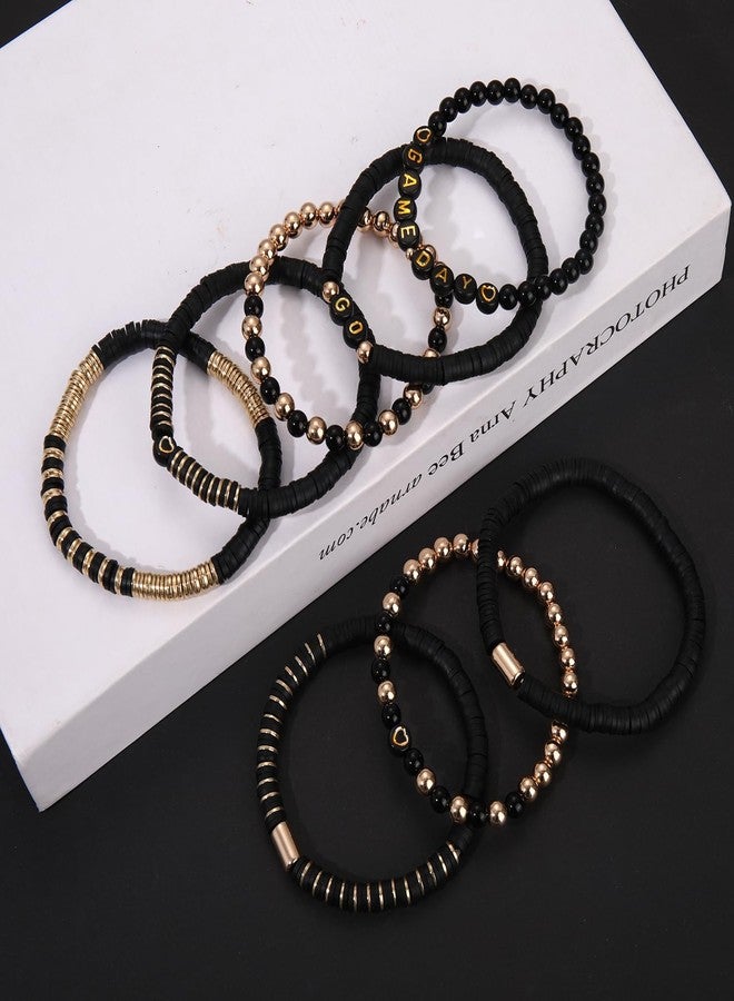 BSJELL Game Day Bracelet for Women GO GAME DAY Heishi Beaded Stretch Bracelets Stackable Football Sports Jewelry Gifts Football Accessories Outfits (Gold Black) - Image 4
