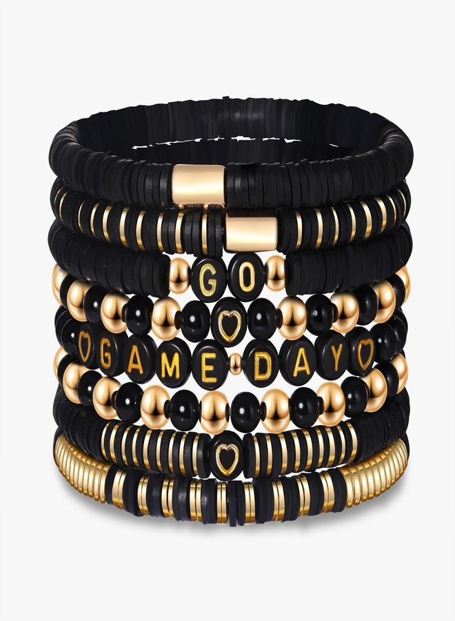 BSJELL Game Day Bracelet for Women GO GAME DAY Heishi Beaded Stretch Bracelets Stackable Football Sports Jewelry Gifts Football Accessories Outfits (Gold Black) - Image 1