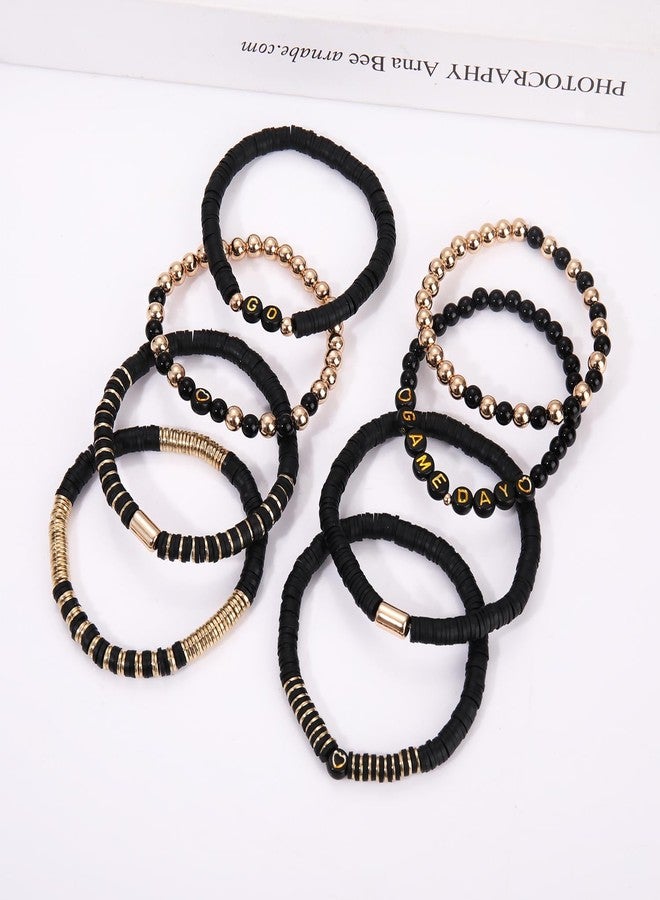 BSJELL Game Day Bracelet for Women GO GAME DAY Heishi Beaded Stretch Bracelets Stackable Football Sports Jewelry Gifts Football Accessories Outfits (Gold Black) - Image 2