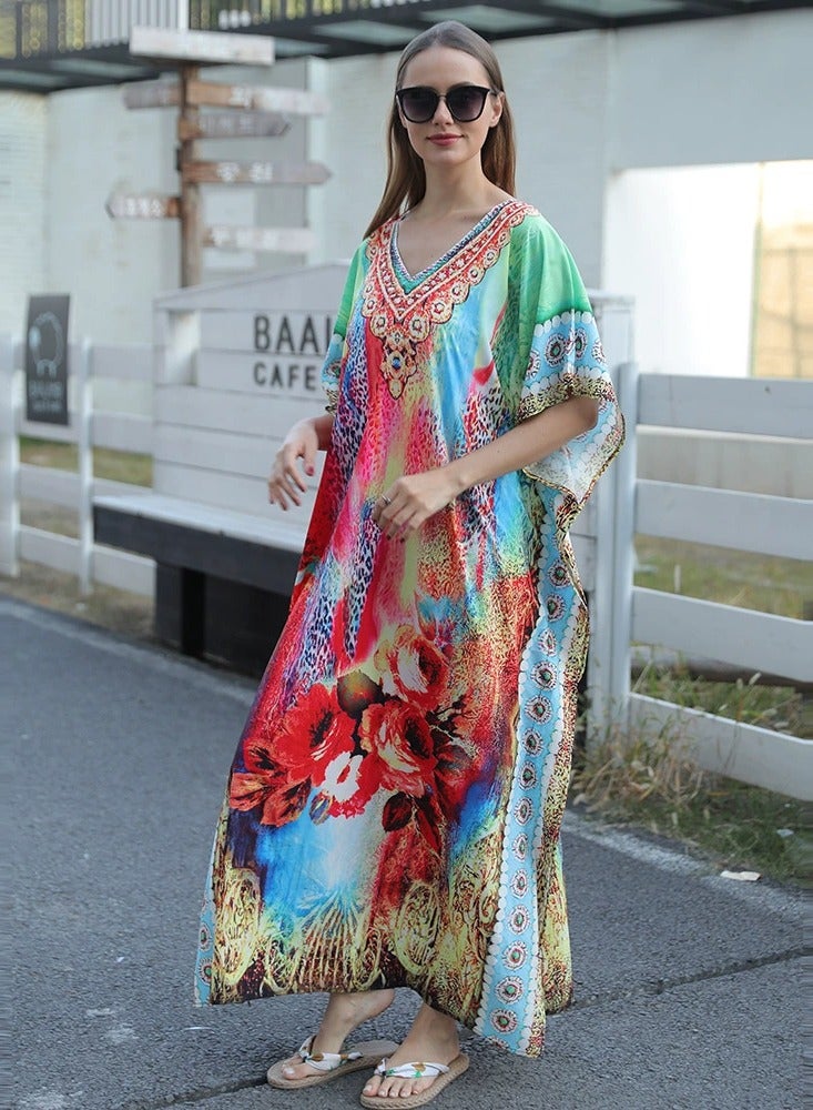 Women V-neck Beach Long Dress Sunscreen Clothing Beach Coat Loos Bikini Smock with Blend Dye Print，Quick Drying Polyester Fiber Fabric(One-Size-Fits-All) - Image 1