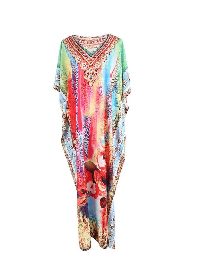 Women V-neck Beach Long Dress Sunscreen Clothing Beach Coat Loos Bikini Smock with Blend Dye Print，Quick Drying Polyester Fiber Fabric(One-Size-Fits-All) - Image 2