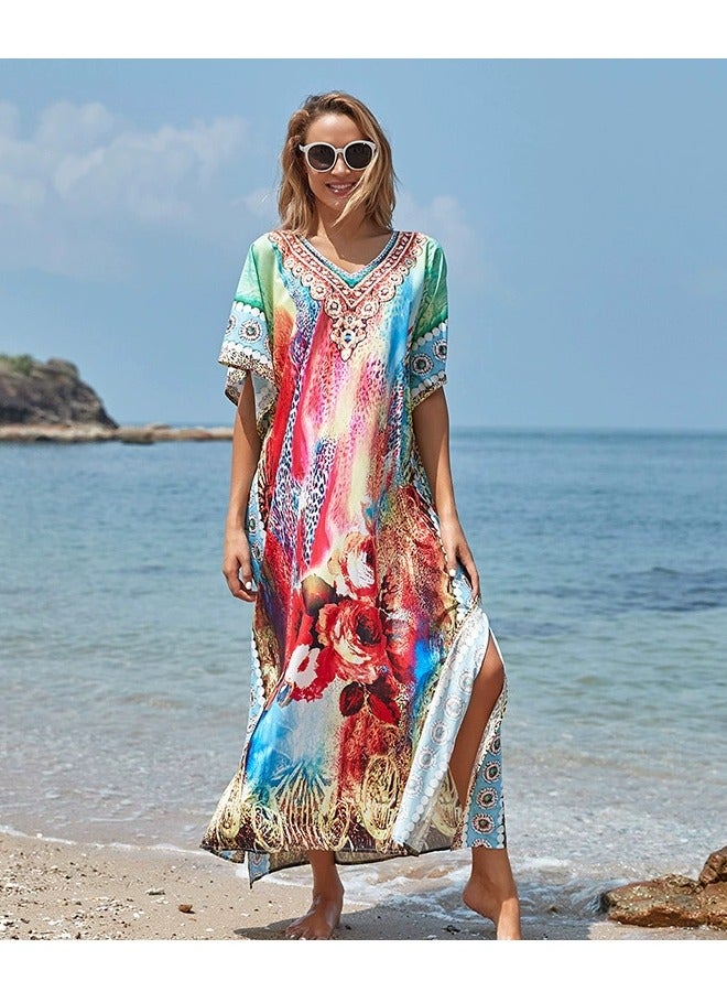 Women V-neck Beach Long Dress Sunscreen Clothing Beach Coat Loos Bikini Smock with Blend Dye Print，Quick Drying Polyester Fiber Fabric(One-Size-Fits-All) - Image 3