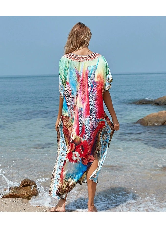 Women V-neck Beach Long Dress Sunscreen Clothing Beach Coat Loos Bikini Smock with Blend Dye Print，Quick Drying Polyester Fiber Fabric(One-Size-Fits-All) - Image 4