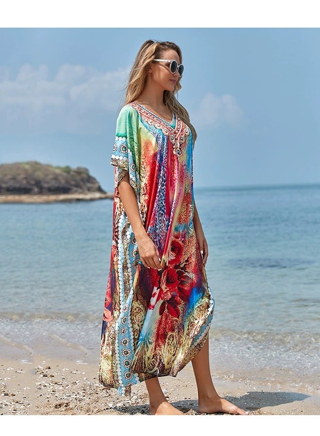 Women V-neck Beach Long Dress Sunscreen Clothing Beach Coat Loos Bikini Smock with Blend Dye Print，Quick Drying Polyester Fiber Fabric(One-Size-Fits-All) - Image 5