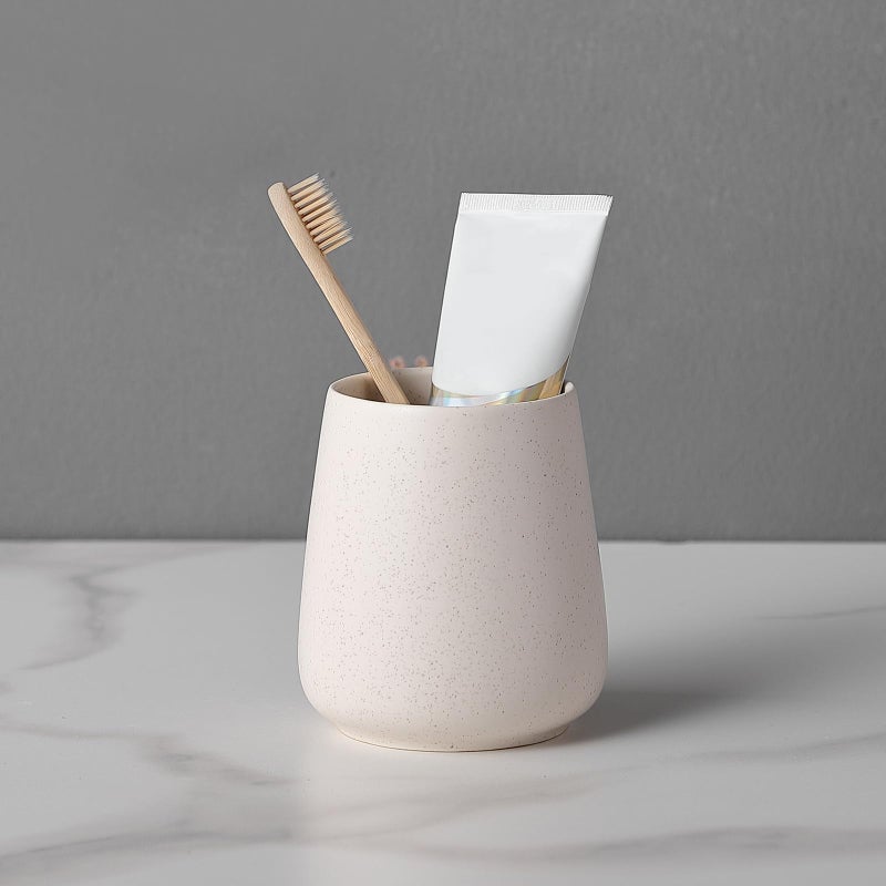 Eyrozia Beige Toothbrush Holder for Bathroom - Ceramic Tooth Brushing Holders, Toothbrush Cup, Toothpaste Organizer for Bathroom Countertop, Makeup Brush Holder, Pen Holder for Home Desktop Storage - Image 2