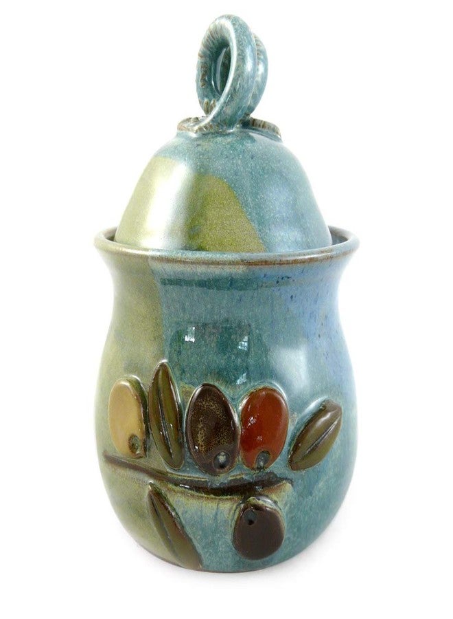 Modern Artisans مرطبان لحفظ الثوم مصنوع من الخزف الحجري الأمريكي من قبل حرفيين معاصرين، مزين بنقشة زيتون. - Image 2
