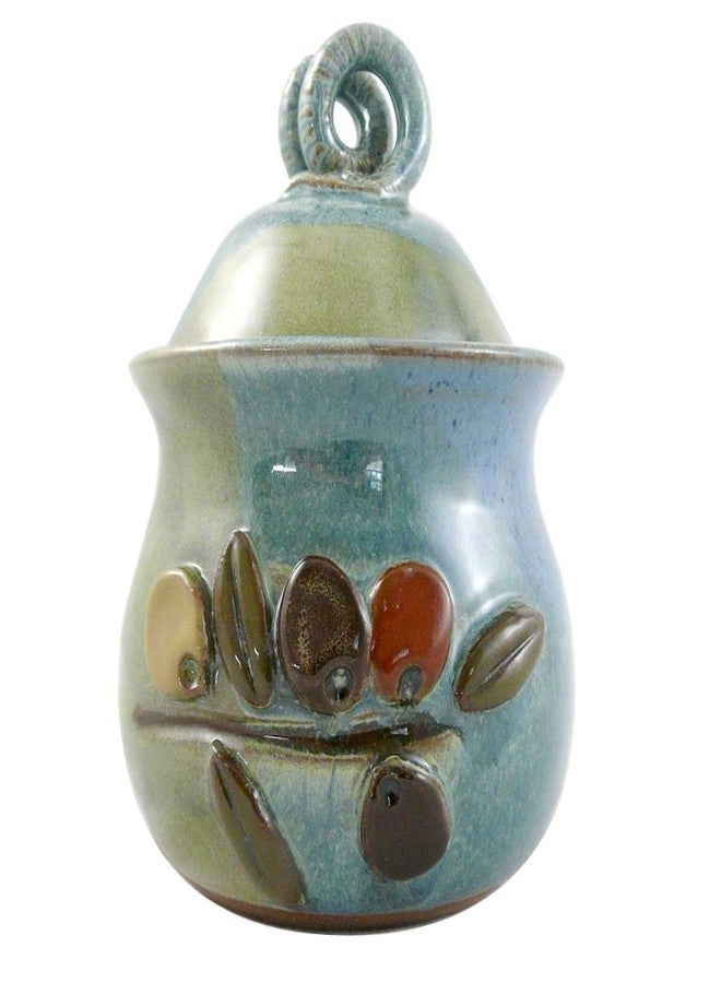 Modern Artisans مرطبان لحفظ الثوم مصنوع من الخزف الحجري الأمريكي من قبل حرفيين معاصرين، مزين بنقشة زيتون. - Image 1