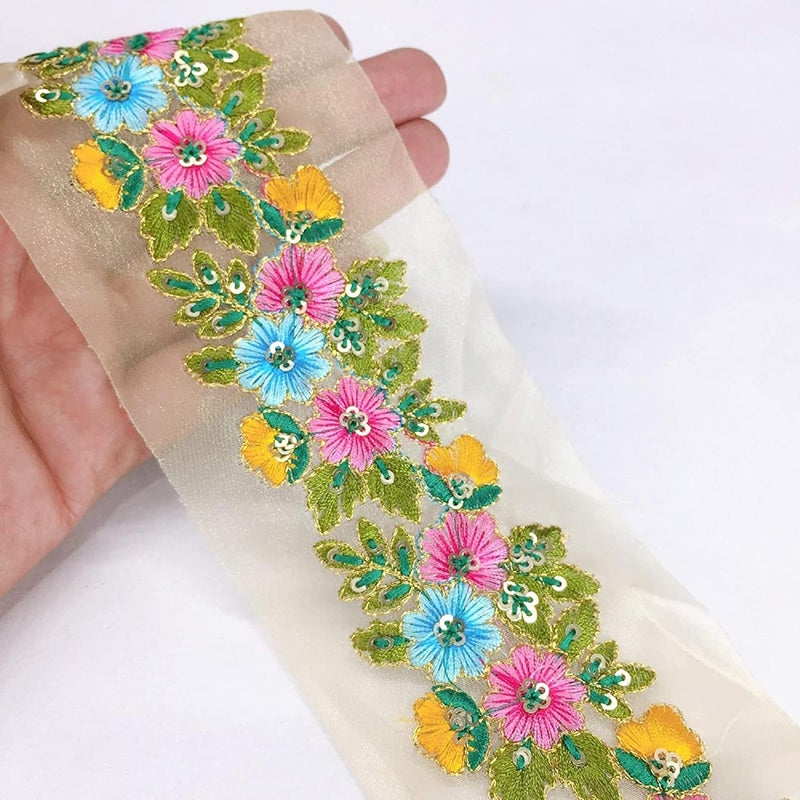 Lami 9 Meters Parsi Embroidery Border, Resham Multicolor, Designer Saree Lace, Wedding Dulhan Blouse, Bridal Lehenga, Dupatta, Suit, Anarkali Border, Indian Trims Fashion Lace (Sky Blue) - Image 1