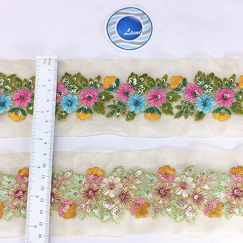 Lami 9 Meters Parsi Embroidery Border, Resham Multicolor, Designer Saree Lace, Wedding Dulhan Blouse, Bridal Lehenga, Dupatta, Suit, Anarkali Border, Indian Trims Fashion Lace (Sky Blue) - Image 2