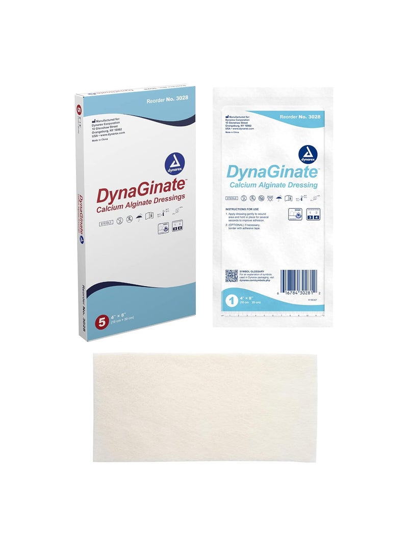 Dynarex Dynarex DynaGinate Calcium Alginate Wound Dressing - Sterile, Non-Stick Topical Wound Pads - Absorbent Gel Patches For Moderate To High Exuding Cuts - 4"x 8", Box of 5 