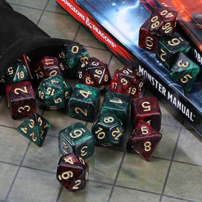 rayihni Polyhedral Dice Set DND Role Playing Dice for Dungeons and Dragons RPG Table Games, Red & Black/Green& Black, 22pcs - Image 2