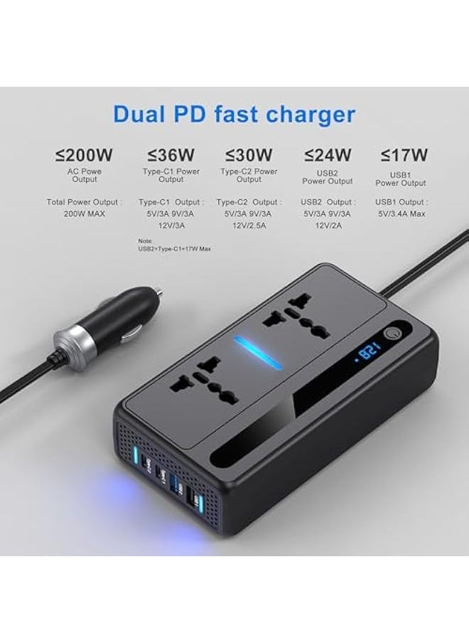 Starwell 200W Car Power Inverter, DC 12V/24V to 220V Car Inverter with 2 USB and 2 Type C Ports, Charger Adapter Car Plug Converter with Switch and Current LED Screen, Suitable for Cars, SUV & Truck  - Image 4