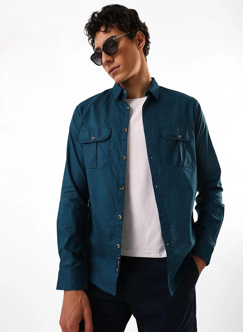 Men's Navy Cotton Blend Casual Button Down Regular Fit Shirt