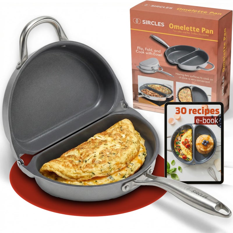 SIRCLES Omelette Pan Double Sided Non Stick Omelette Maker, 3004 Aluminum, Induction Compatible, Dishwasher Safe, PFOA Free, Flip Lock Egg Pan with Spatula & Recipe eBook, Omelette Makers - Image 1