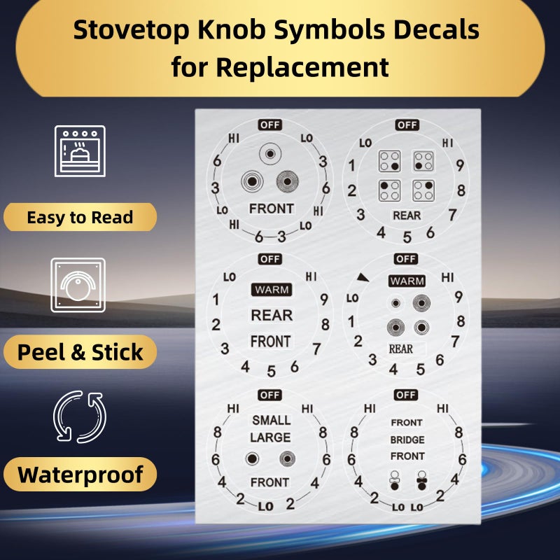 Hileapx Stove Dials Stickers, Stovetop Knob Symbols Decals for Replacement, Adhesive Stickers for Top Burner Control Dial, Range Oven, Gas Stove Knob Burner Identification, Black Symbols on Silver Background - Image 4