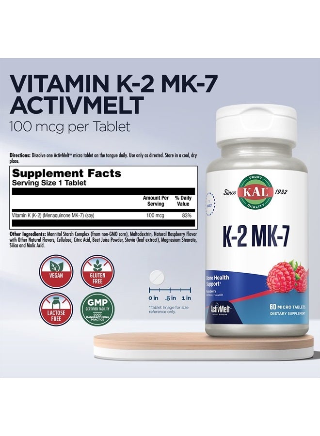 KAL Vitamin K2 MK7 ActivMelt 100 mcg, Vitamin K Supplement as Superior K2 MK7, Bone Health, Heart and Artery Health Support, Natural Raspberry Flavor, Vegan, Gluten Free, 60 Servings, 60 Micro Tablets - Image 2